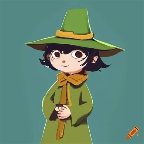 Cartoon girl in 'moomin' style with black hair, green coat, and flat hat on Craiyon