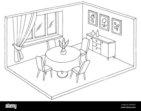 Dining room home interior graphic black white isolated sketch illustration vector Stock Vector ...