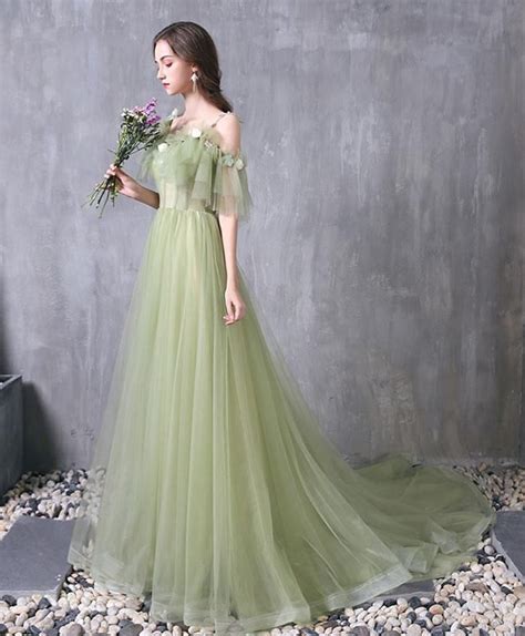 Green tulle lace long prom dress green evening dress | Green prom dress ...