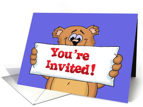 Party Invitation with a Cartoon Bear and a Banner on the Front card