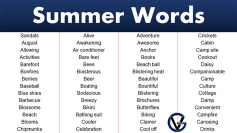 List Of Summer Words - GrammarVocab