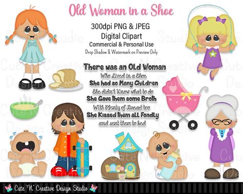 Old Woman in a Shoe Digital Clip Art Set Graphics Kristi W Designs ...