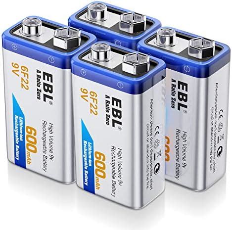 EBL 9 Volt Rechargeable Batteries Lithium ion 9V 600mAh Li-ion ...