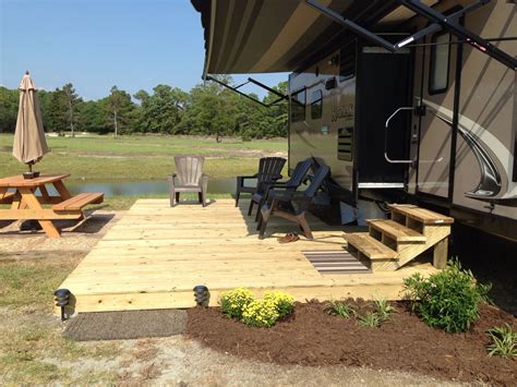 Add Deck for summer RV home for lovely outdoor space | Patio, Trailer ...