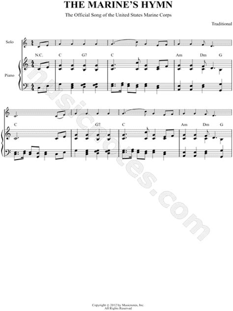 The United States Military "The Marines' Hymn - Piano Accompaniment" Sheet Music in C Major ...