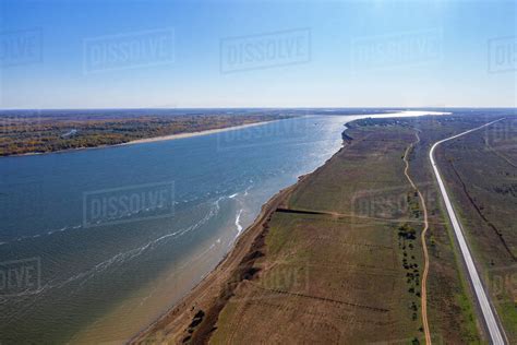 Aerial by drone of the Volga river, Astrakhan Oblast, Russia, Eurasia - Stock Photo - Dissolve