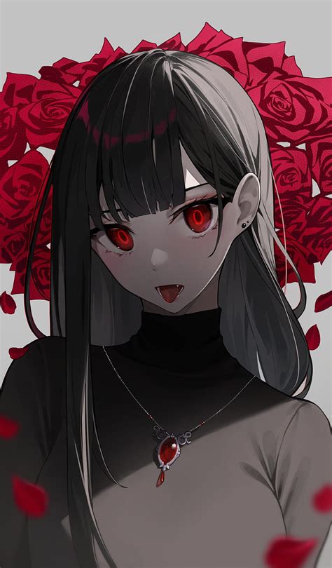 Anime, anime girls, star741, red eyes, rose, roses, black hair, tongue out, pale, HD phone ...