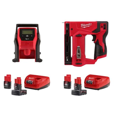 Milwaukee M12 Compact Inflator Kit with M12 Cordless 3/8 Crown Stapler 4.0 Ah and 2.0 Ah Battery ...