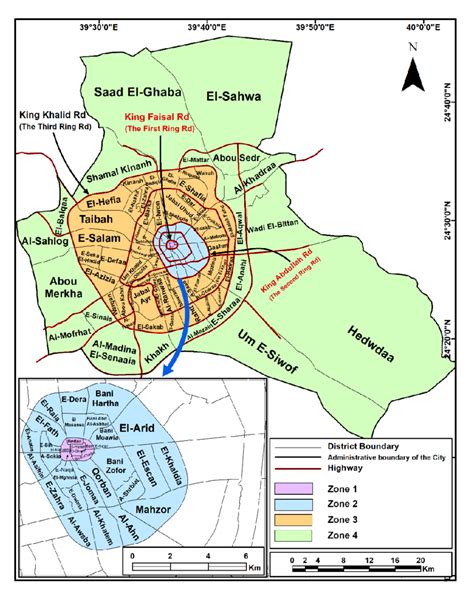 Administrative map and the four geographic zones of Al-Madinah (source:... | Download Scientific ...