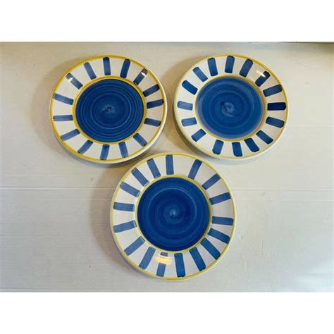 Pottery Barn | Dining | Pottery Barn Tournesol Blue Yellow Stripes Dinner Plates Set Of 3 Rare ...