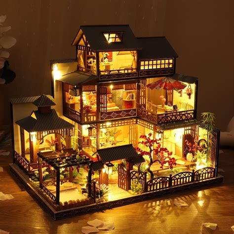 SELLCLUB 1:24 Scale LED Light DIY Miniature Wooden Villa Dollhouse Kit with Furniture for Kids ...