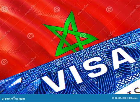 Morocco Visa Document Close Up. Passport Visa on Morocco Flag. Morocco Visitor Visa in Passport ...