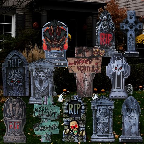 Sintuff 12 Pcs Large Halloween Tombstone 24 Inch Graveyard Yard Stakes Signs Cemetery Tombstone ...