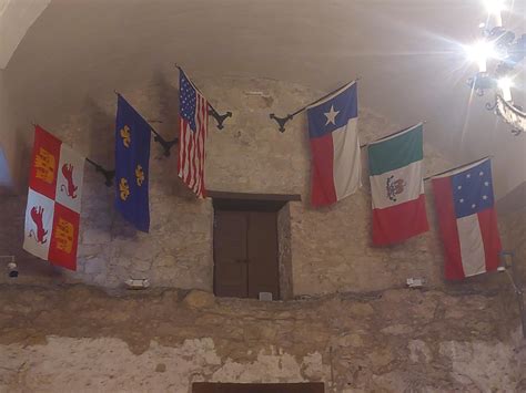 flags flown inside the Alamo mission, representing the six nations to rule over Texas : r ...