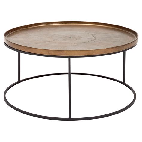 a round metal table with an iron frame and wood grain design on the top, against a white background