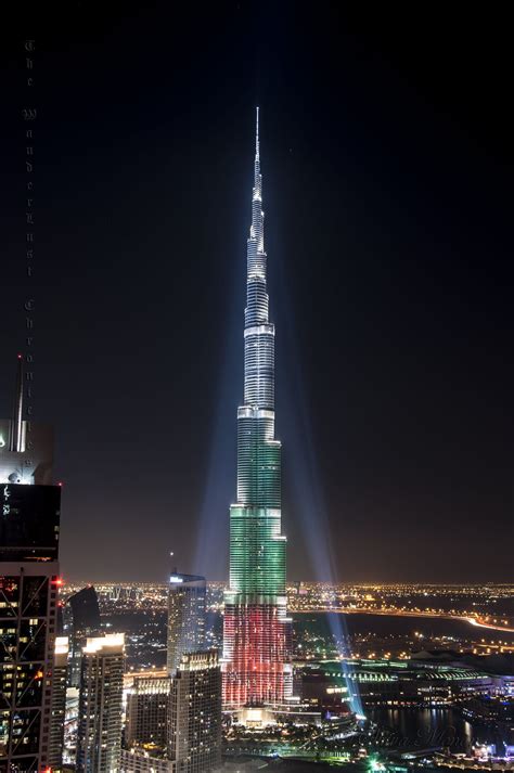 The Burj Khalifa lit up in the UAE flag colors on the occasion of UAE's ...