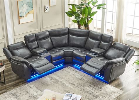 Sectional Sofa Set With LED Lights Power Reclining Sectional Sofa Faux ...
