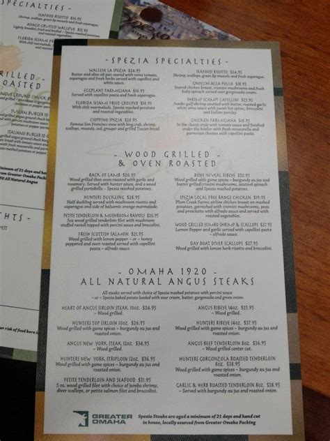 Menu at Spezia Omaha restaurant, Omaha