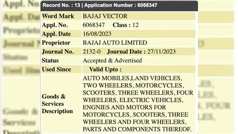 Bajaj Vector electric scooter is possibly under development, recent trademark filings indicate ...