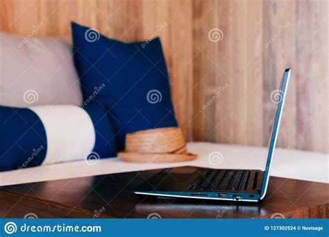 Vacation Working, Laptop Computer on Wood Table in Living Room W Stock Photo - Image of leisure ...