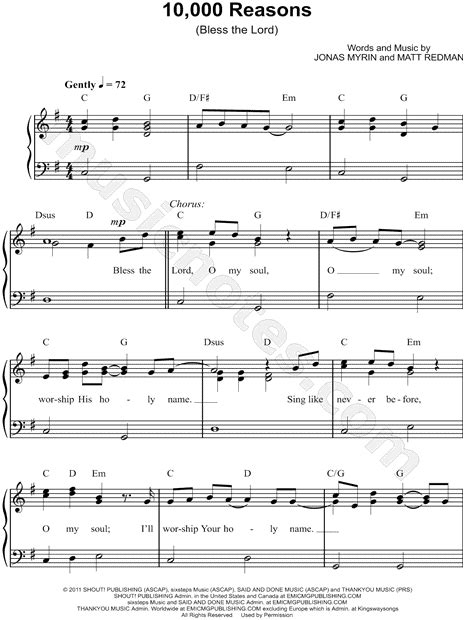 Matt Redman "10,000 Reasons (Bless the Lord)" Sheet Music (Easy Piano) in G Major (transposable ...