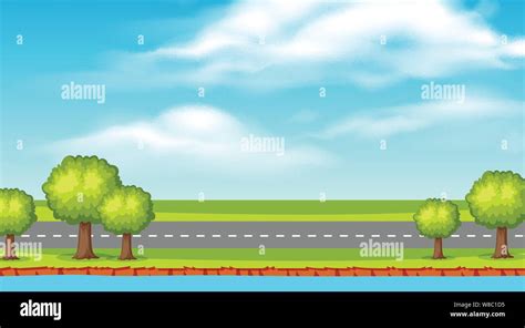 Landscape background design of road along river illustration Stock ...