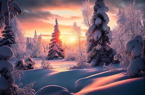 Premium Photo | A snowy landscape with a sunset in the background