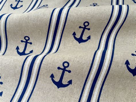 Marine Anchor Stripe LINEN LOOK Print Fabric - Curtain Upholstery ...