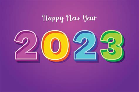 Happy New Year 2023 design text with purple yellow blue green color 3D typography of 2023 ...