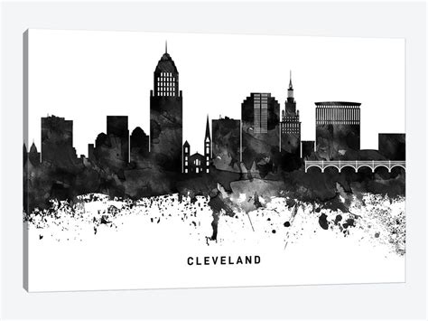 Cleveland Skyline Black & White Canvas Artwork by WallDecorAddict | iCanvas