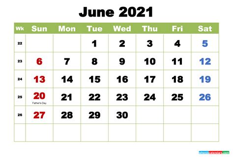 Free June 2021 Printable Calendar With Holidays