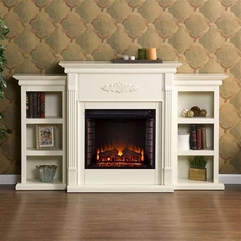 Southern Enterprises Jackson 70.25 in. Freestanding Electric Fireplace in Ivory with Bookcases ...