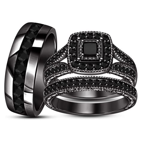 14K Black Gold Over Black Diamond Wedding Band Bridal His & Hers Trio ...