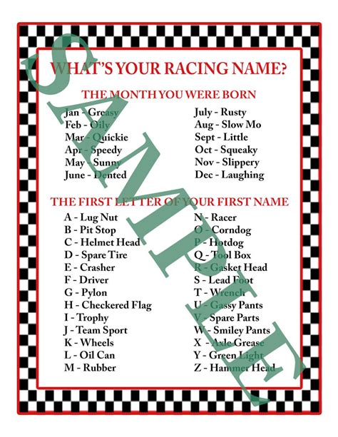 What's Your Racing Name. Printable Download, Party Game - Etsy Canada ...