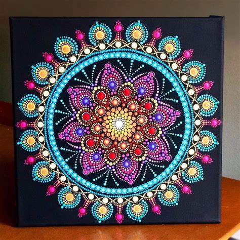 Vibrant Colorful Dot Mandala on Stretched Canvas 12 X 12 Blue, Yellow, Red, Pink, Purple, White ...