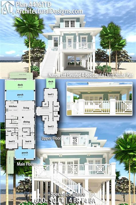 Plan 44161TD: Narrow Lot Elevated 4-Bed Coastal Living House Plan | Beach house floor plans ...