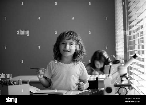 Cute pupil writing at desk in classroom at the elementary school. Student boy doing test in ...