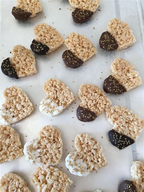 Gold themed heart shaped chocolate dipped Rice Krispy treats | Krispie treats, Rice krispie ...