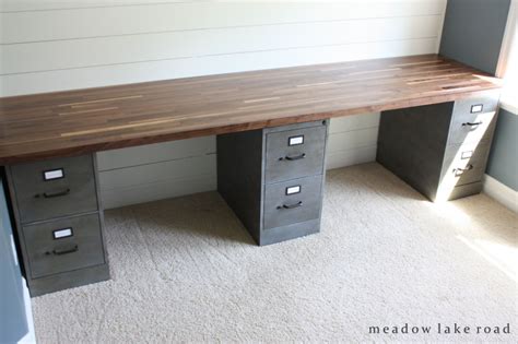 how to make a home office desk using metal file cabinets - Google Search | Butcher block desk ...