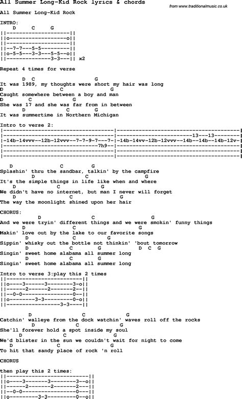 Love Song Lyrics for: All Summer Long-Kid Rock with chords for Ukulele, Guitar Banjo etc. | Kid ...