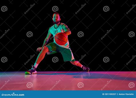 Full-length Portrait of Basketball Player Training Dribbling Technique ...