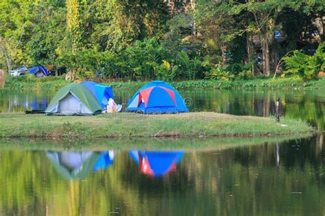 Camping Tent on a Lake with Reflections Stock Photo - Image of ...