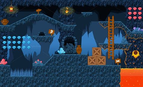 Lava Cave - Platformer Tileset | Game background art, Vector character design, 2d game art