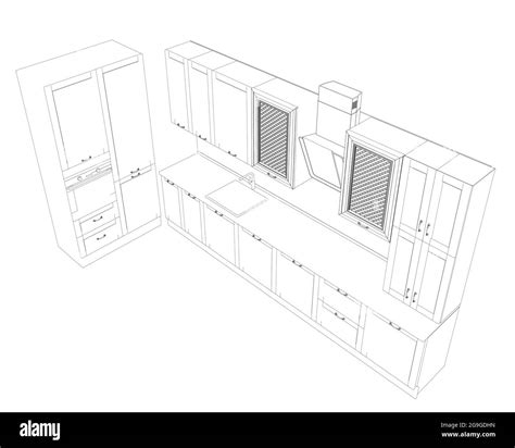 Contour of modern kitchen isolated on white background. Isometric view. Vector illustration ...