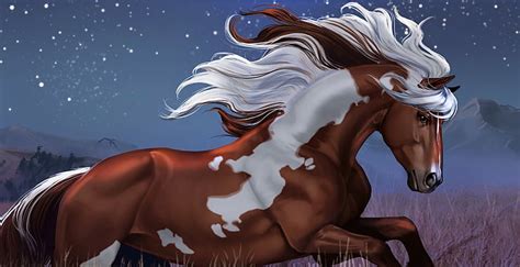 HD wallpaper: white and brown horse illustration, stars, night, hills ...