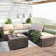4 Piece Patio Sectional Sofa Set with Loveseat Sofa, Ottoman, Tempered Glass Coffee Table, All ...