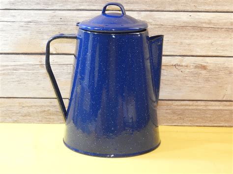 Vintage Enamel Ware Coffee Pot w/Inner Parts, Blue Enamel Spatter Ware Metal Coffee Maker, Retro ...