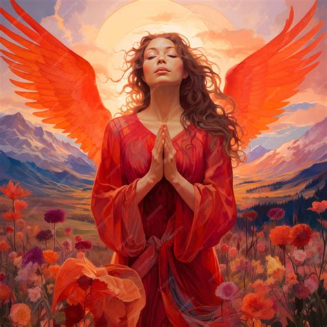 Premium Photo | An illustration of a praying angel with red wings and a red dress in a field of ...