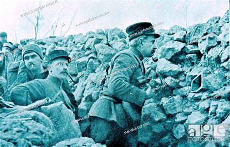 World War 1 - The French General Marchand inspects French positions in trenches at the front at ...