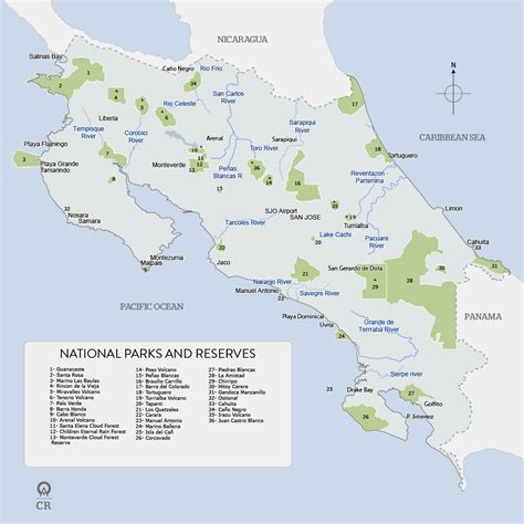 Costa Rica National Parks, Rivers, and Reserves Map - Anywhere Costa Rica